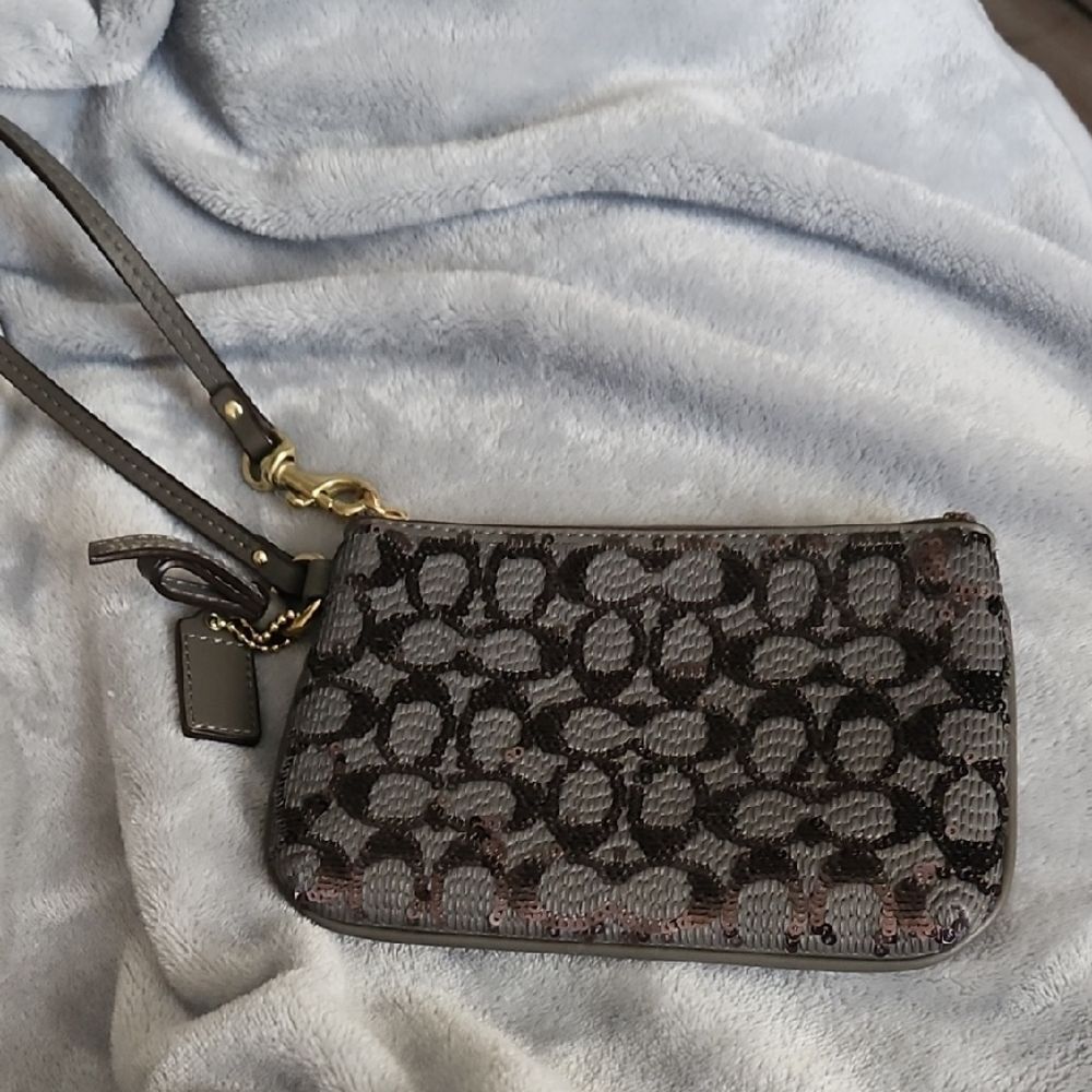 Coach Gray Glitter Monogram Wristlet with Gold Hardware